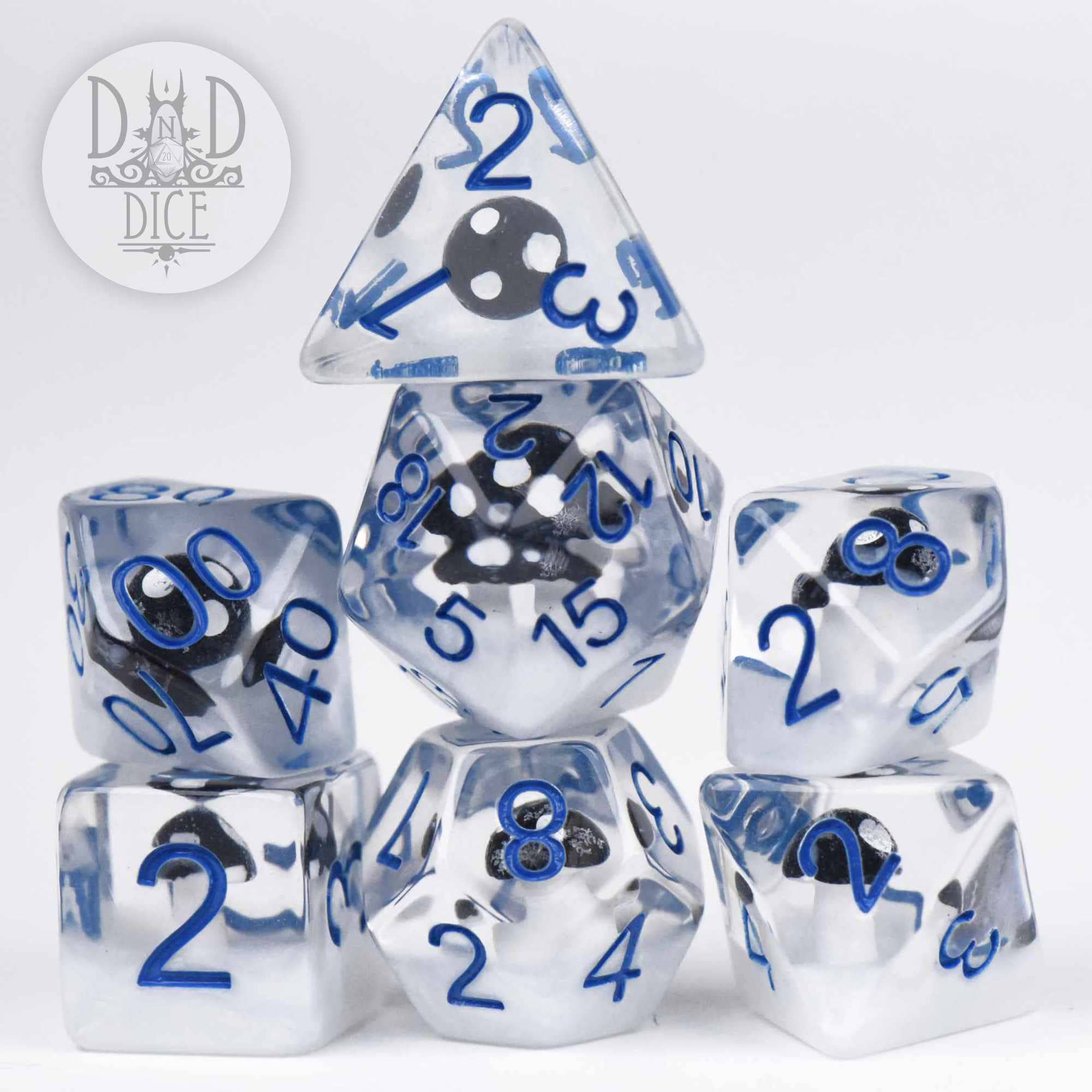 Fungal Freeze: set of 7 clear resin dice with black gears and blue numbers for tabletop gaming.