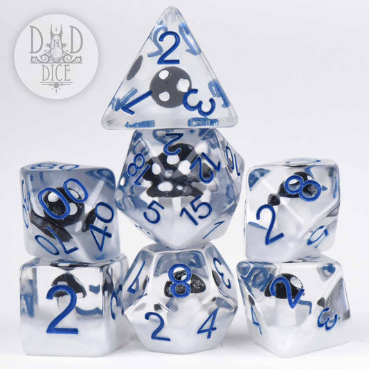 Fungal Freeze: set of 7 clear resin dice with black gears and blue numbers for tabletop gaming.