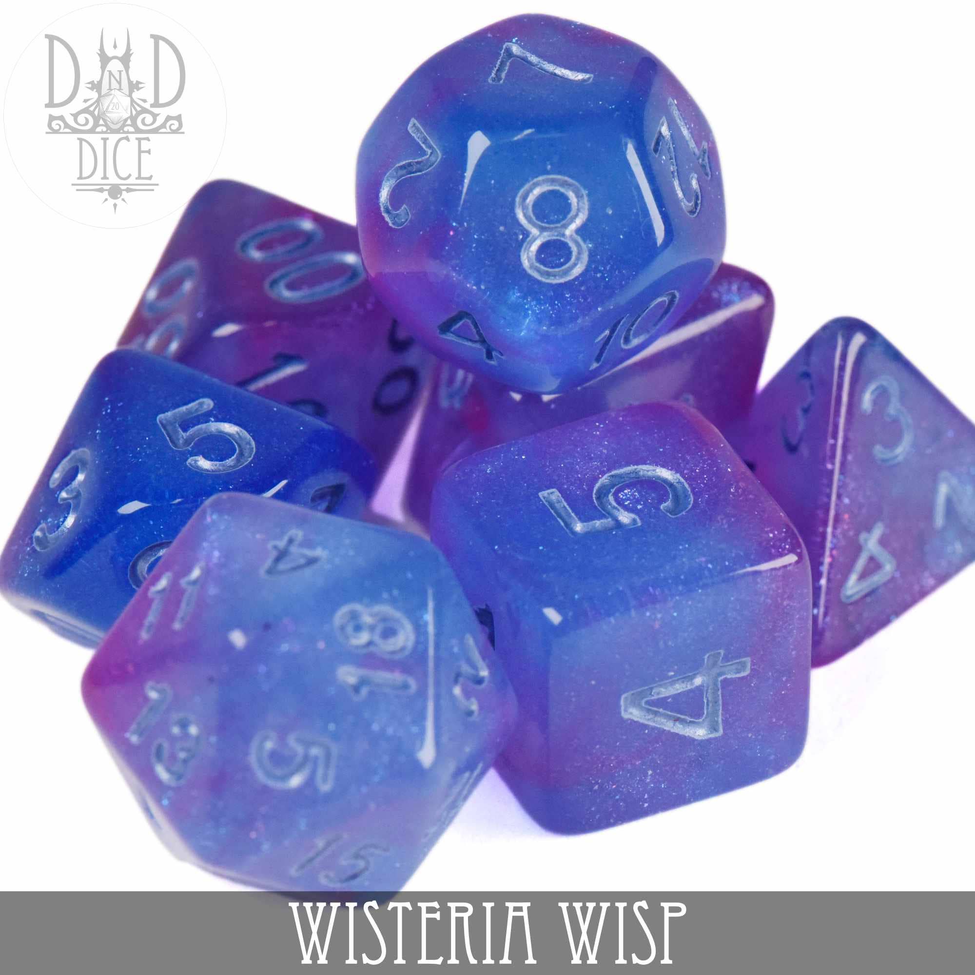 Wisteria Wisp polyhedral dice set, blue and purple with silver numbers, name shown at the bottom.