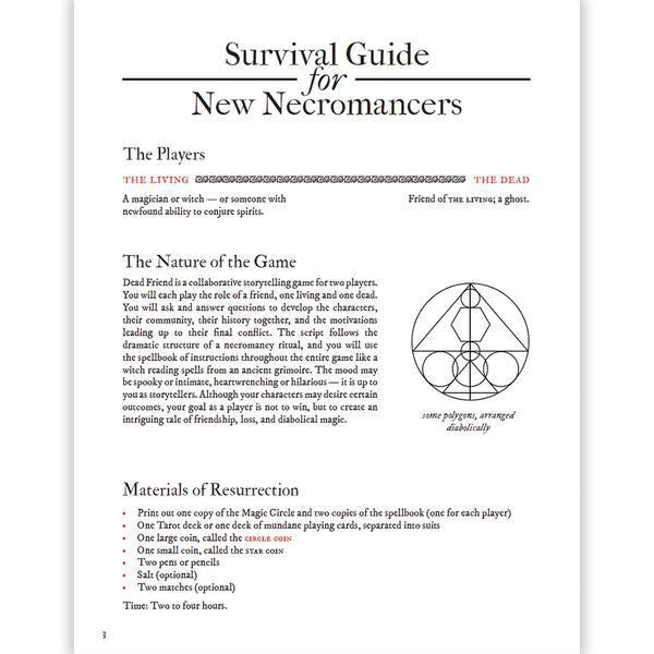 Dead Friend: A Game of Necromancy page with circular diagrams for collaborative storytelling gameplay.