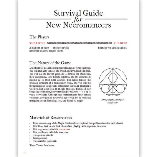 Dead Friend: A Game of Necromancy page with circular diagrams for collaborative storytelling gameplay.