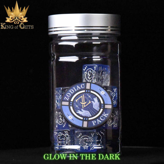 Clear jar containing blue glow-in-the-dark dice, Zodiac Pack 12D6 Dice Set, with GLOW IN THE DARK text visible.