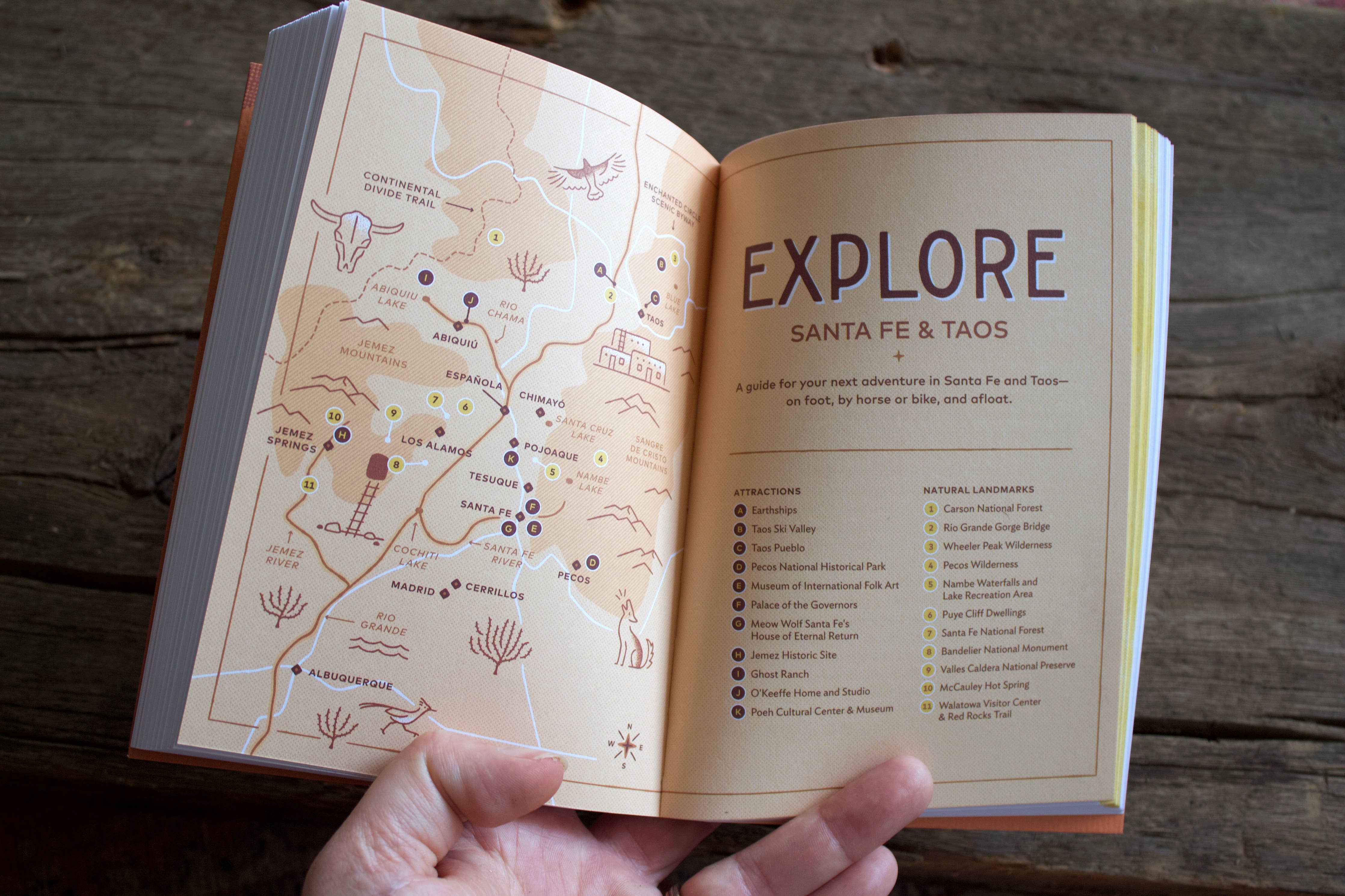 Campfire Stories: Santa Fe & Taos held open, showing a map and stories about New Mexico culture.