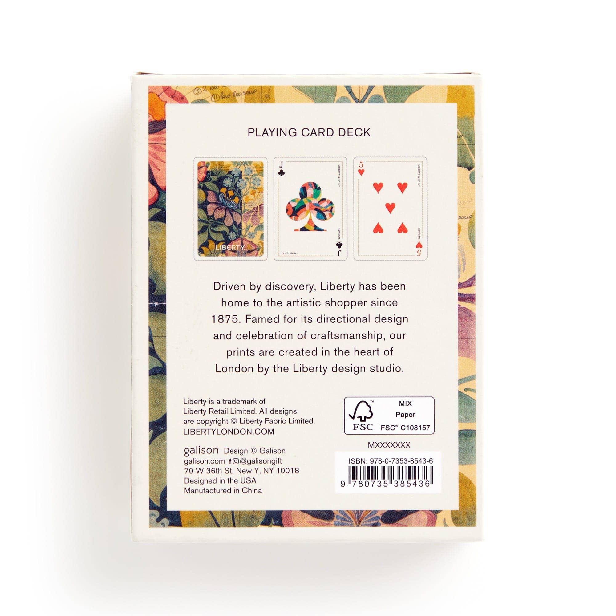 Liberty Archive Playing Card Deck box back showing two cards, barcode, and Liberty of London branding.