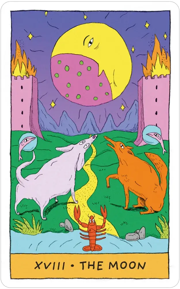 Whimsical Witch Tarot in a Tin with two dogs, large moon, towers, and crayfish on packaging.