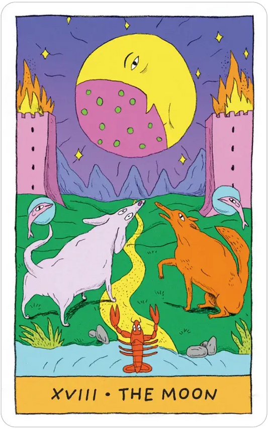 Whimsical Witch Tarot in a Tin with two dogs, large moon, towers, and crayfish on packaging.