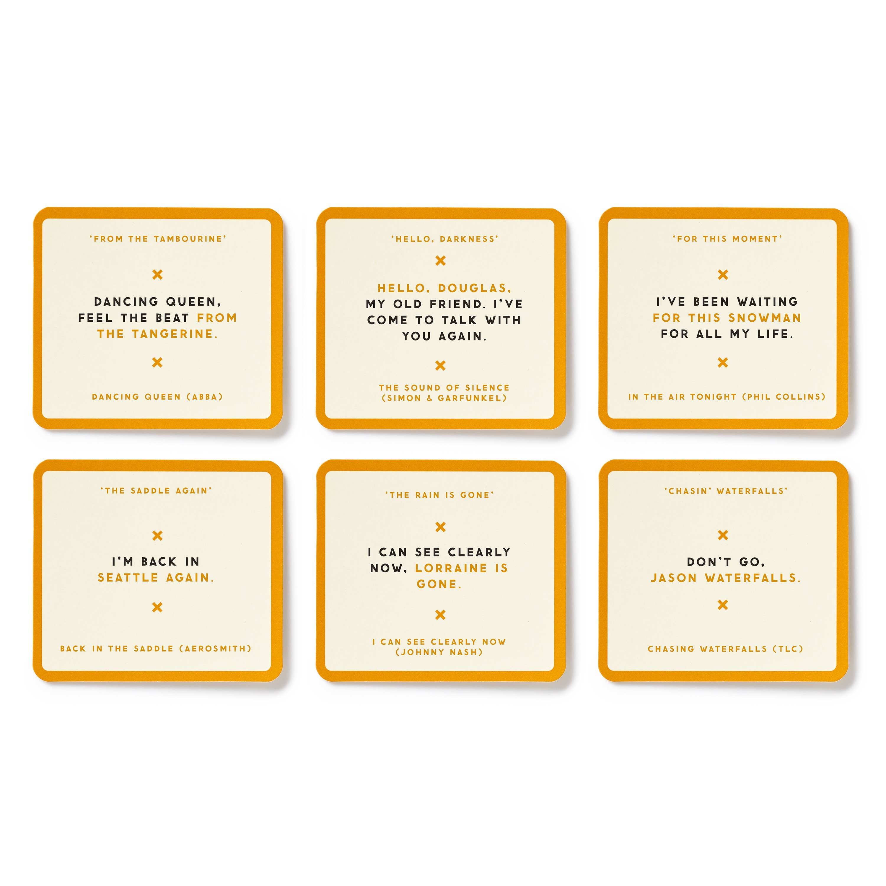 Six Brass Monkey Misunderstood Songs Game coasters featuring music trivia, lyrics, and artist names.