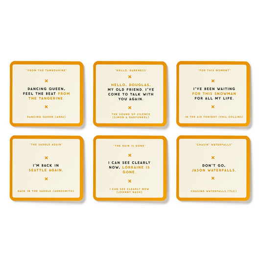 Misunderstood Songs Game featuring six coasters printed with famous song lyrics and artist names.