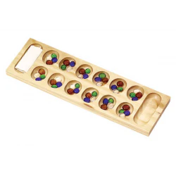 Wooden Mancala Standard board with round pits and glass beads.