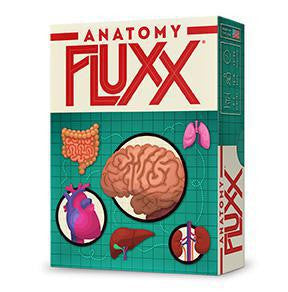 Anatomy Fluxx educational game with illustrated organs: brain, heart, lungs, and kidneys.