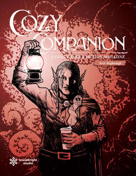 Cozy Companion New Beginnings edition, red cover with elf, lantern, cat, plus elixirs and Crafting Corner features.