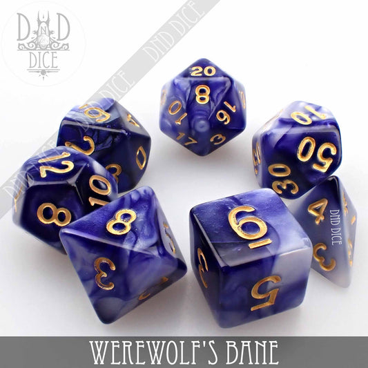Blue and white acrylic 7-dice DND set with gold numbers, variant named Werewolfs Bane.