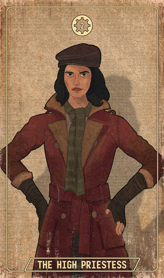 The High Priestess card from Fallout: The Official Tarot Deck featuring a woman in a red coat and brown cap.