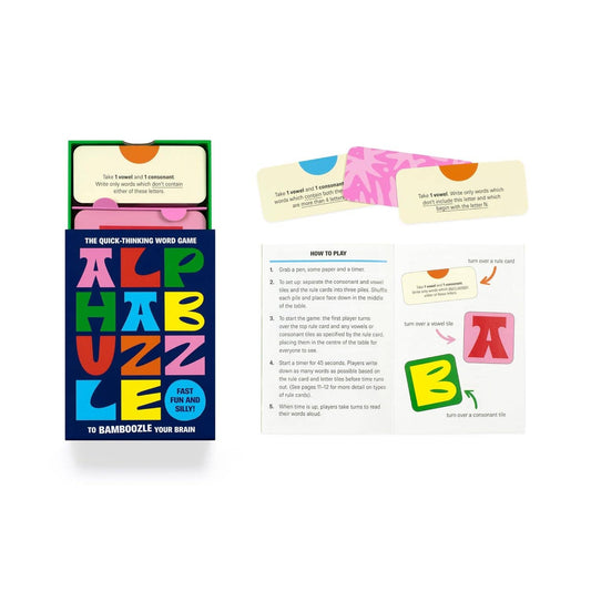Alphabuzzle game box, instructions, and two colorful cards shown.