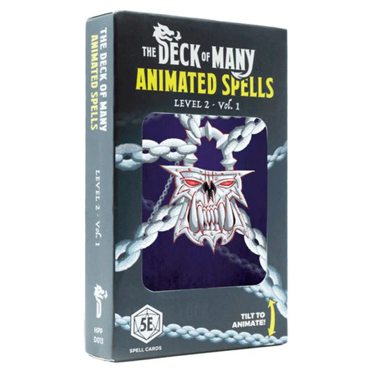 D&D 5E Animated Spells Level 2 Vol 1 spell cards featuring holo skull and chains design.