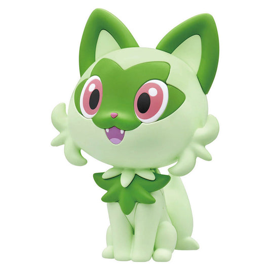 Pokemon Model Kit: Sprigatito, a green cartoon cat with pink eyes.