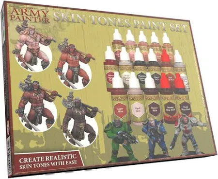 Army Painter Skin Tones Paint Set box with included paint bottles and painted miniatures shown on packaging.