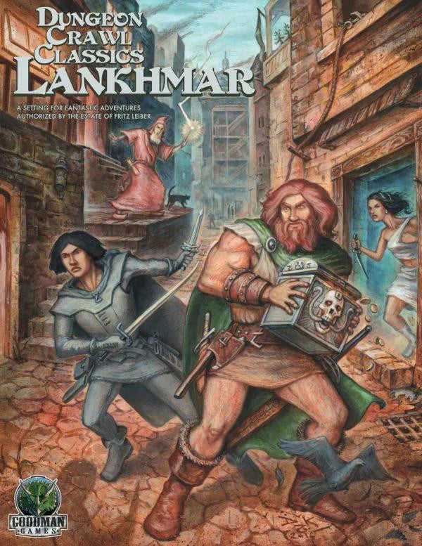 Dungeon Crawl Classics Lankhmar game featuring two armed adventurers in a medieval city setting.