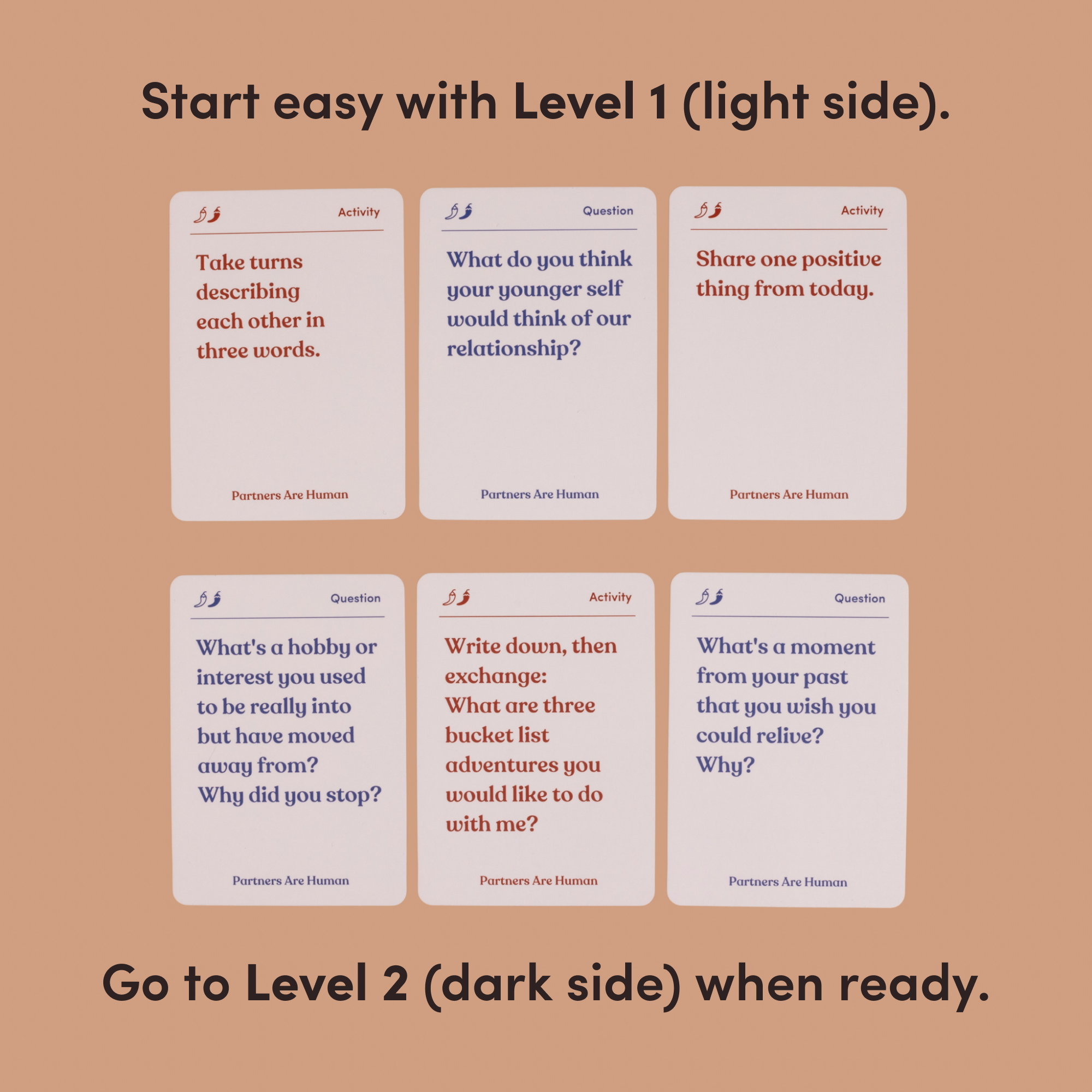 Six Partners Are Human (Couples Edition) prompt cards grouped by level.