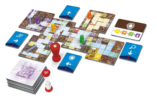 Magic Maze cooperative board game with cards, tokens, colored pawns, timer, and red stamper for real-time play.