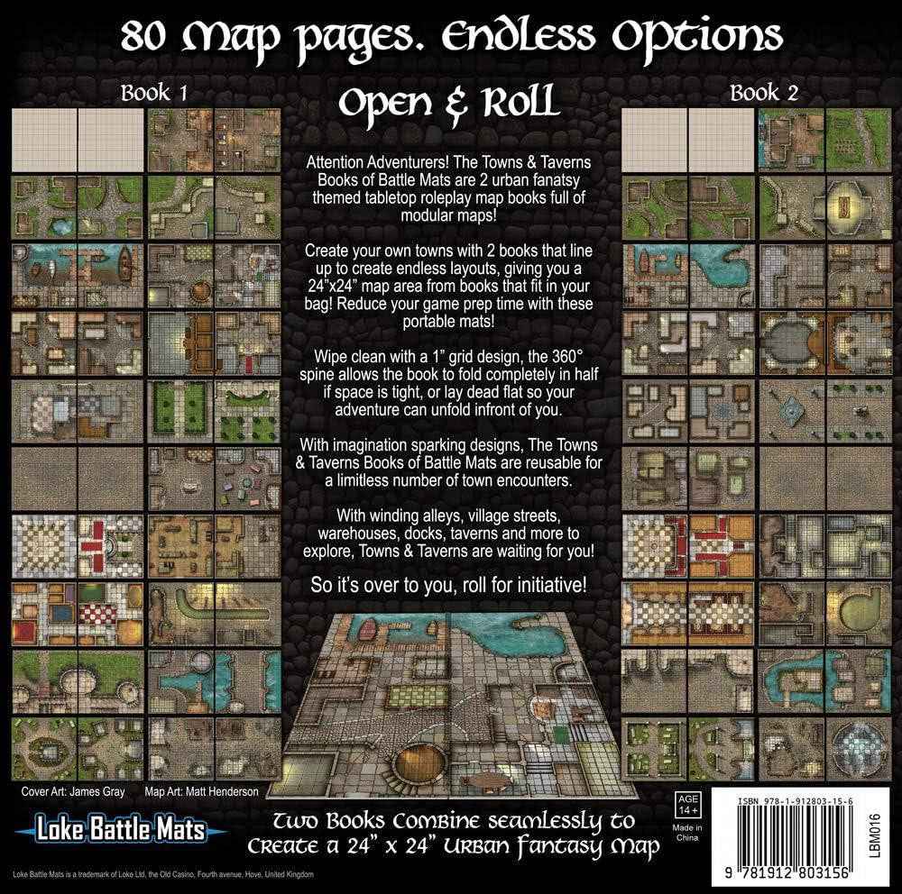 Back cover of Towns & Taverns Book of Battle Mats showing map samples for tabletop RPGs.