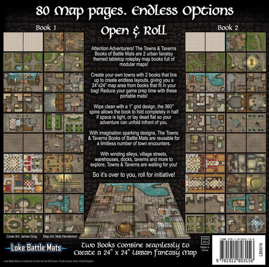 Back cover of Towns & Taverns Book of Battle Mats showing map samples for tabletop RPGs.