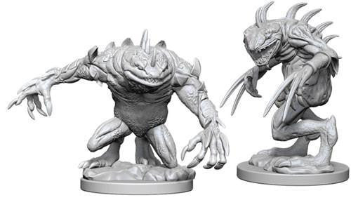 D&D: NMU: Grey Slaad & Death Slaad W5, two spiked, clawed monster miniatures on round bases.