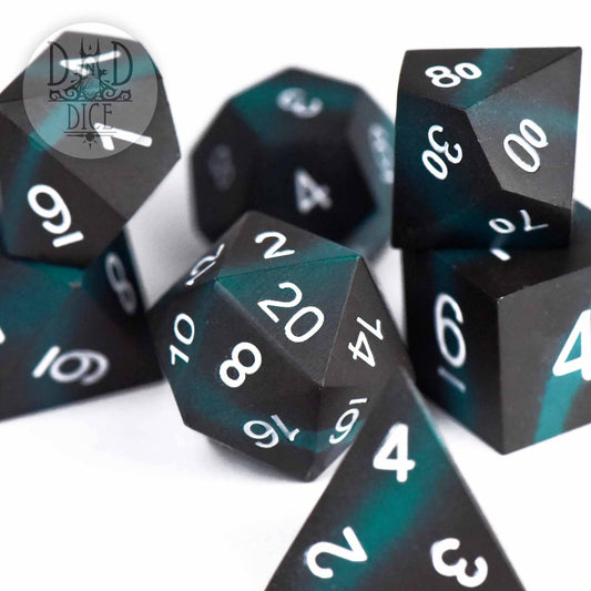 Tagging Teal (Metal) DnD dice set in black, teal, and white zinc alloy for tabletop gaming.