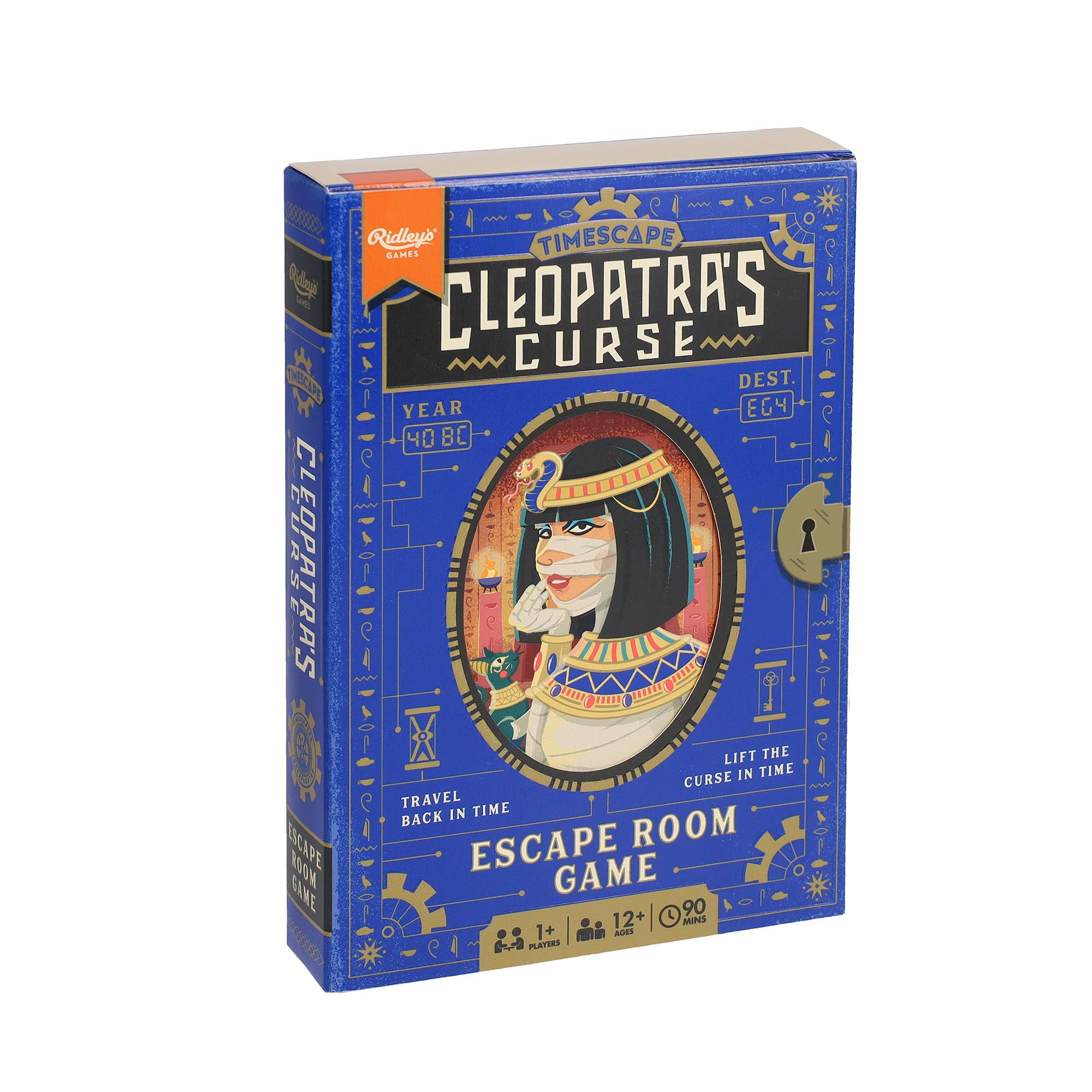 Timescape: Cleopatra’s Curse Escape Room Game box with puzzle and ancient Egyptian Cleopatra artwork.
