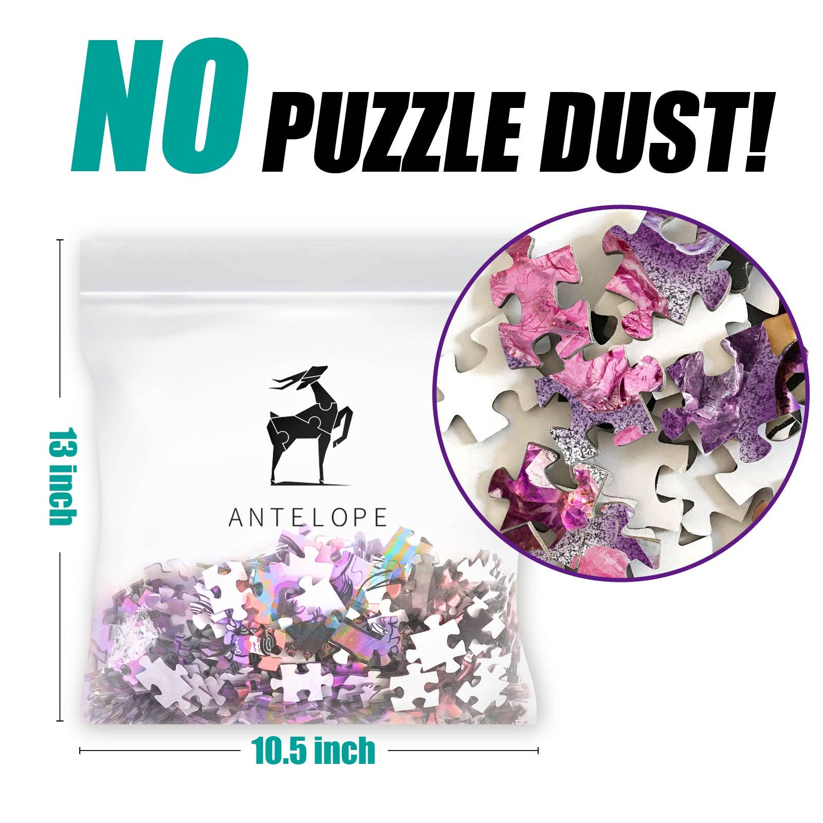 Clear bag of Chromatic Crystals 1000 piece jigsaw puzzle pieces shown with measurements, labeled as no dust.
