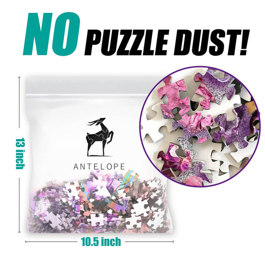 Clear bag of Chromatic Crystals 1000 piece jigsaw puzzle pieces shown with measurements, labeled as no dust.