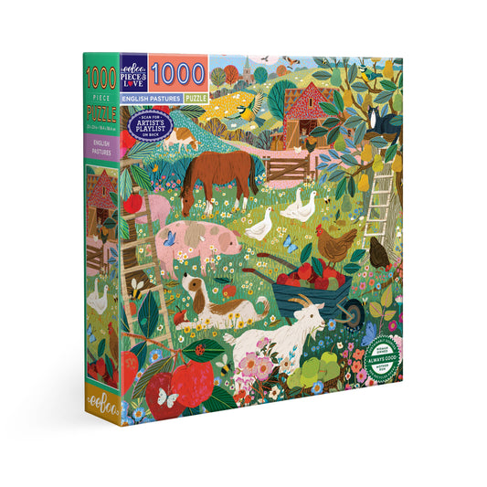 The English Pastures 1000 Piece Puzzle with illustrations of farm animals, barns, flowers, and a fruit harvest scene.