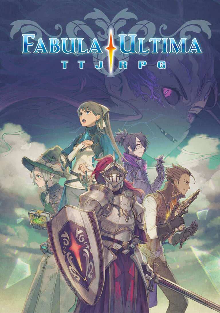 Fabula Ultima TTJRPG Core Rulebook cover with four characters: knight, mage, archer, and rogue.