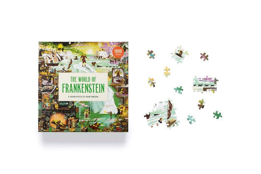 The World of Frankenstein 1000 piece puzzle with pieces spread out on a white background.