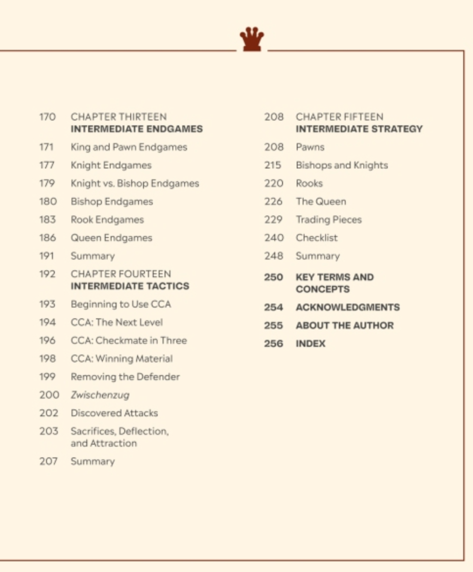 Table of contents for How to Win At Chess showing bold chapter titles and two columns of strategy page numbers.