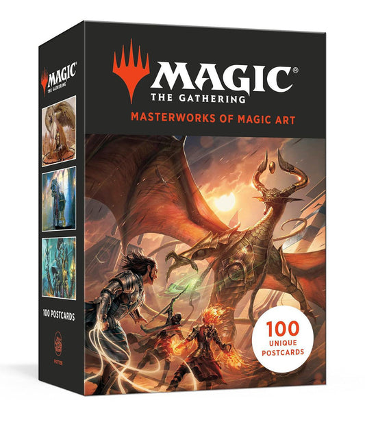 Masterworks of Magic Art: Magic the Gathering Postcards set with dragon, warriors, and 100 collector cards.