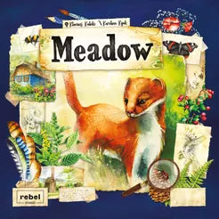 Meadow board game cover featuring watercolor stoat, plants, and insects on blue background.