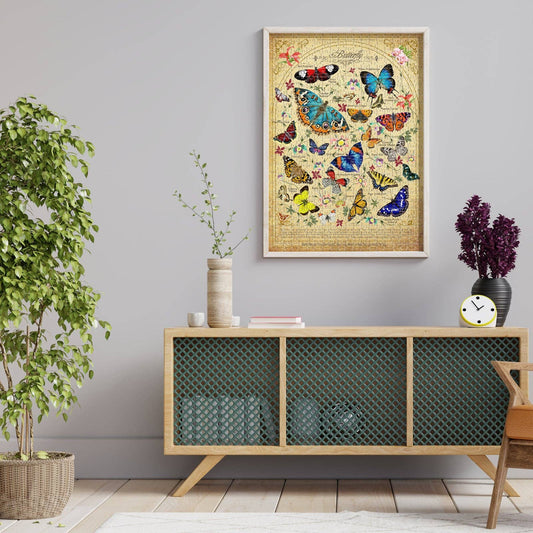 Eternal Butterflies 500 piece puzzle on sideboard in living room with butterfly art print, plant, and purple flowers.