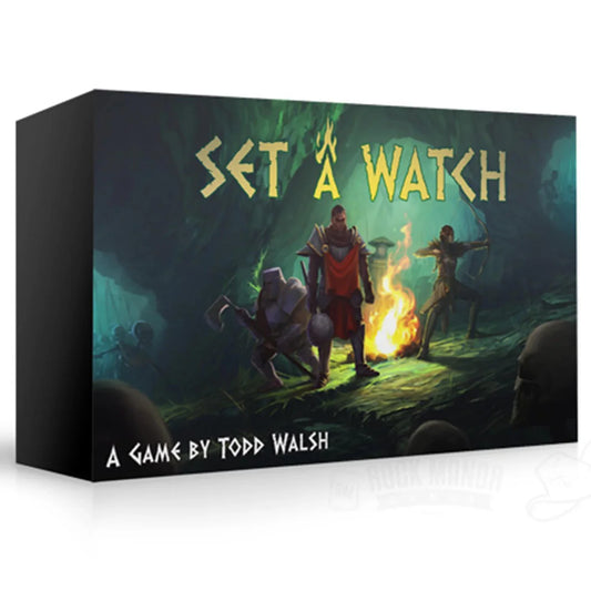 Set a Watch board game with fantasy heroes around a campfire, highlighting cooperative dice allocation mechanics.