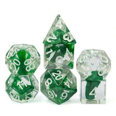 Green Lava Lamp RPG Dice Set with green and clear polyhedral dice for Dungeons & Dragons.