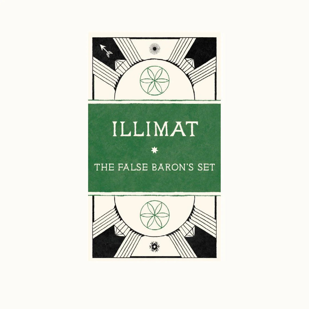 Illimat Expansion The False Baron Set card on a green background with black and white geometric designs.