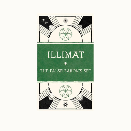 Illimat Expansion The False Baron Set card on a green background with black and white geometric designs.