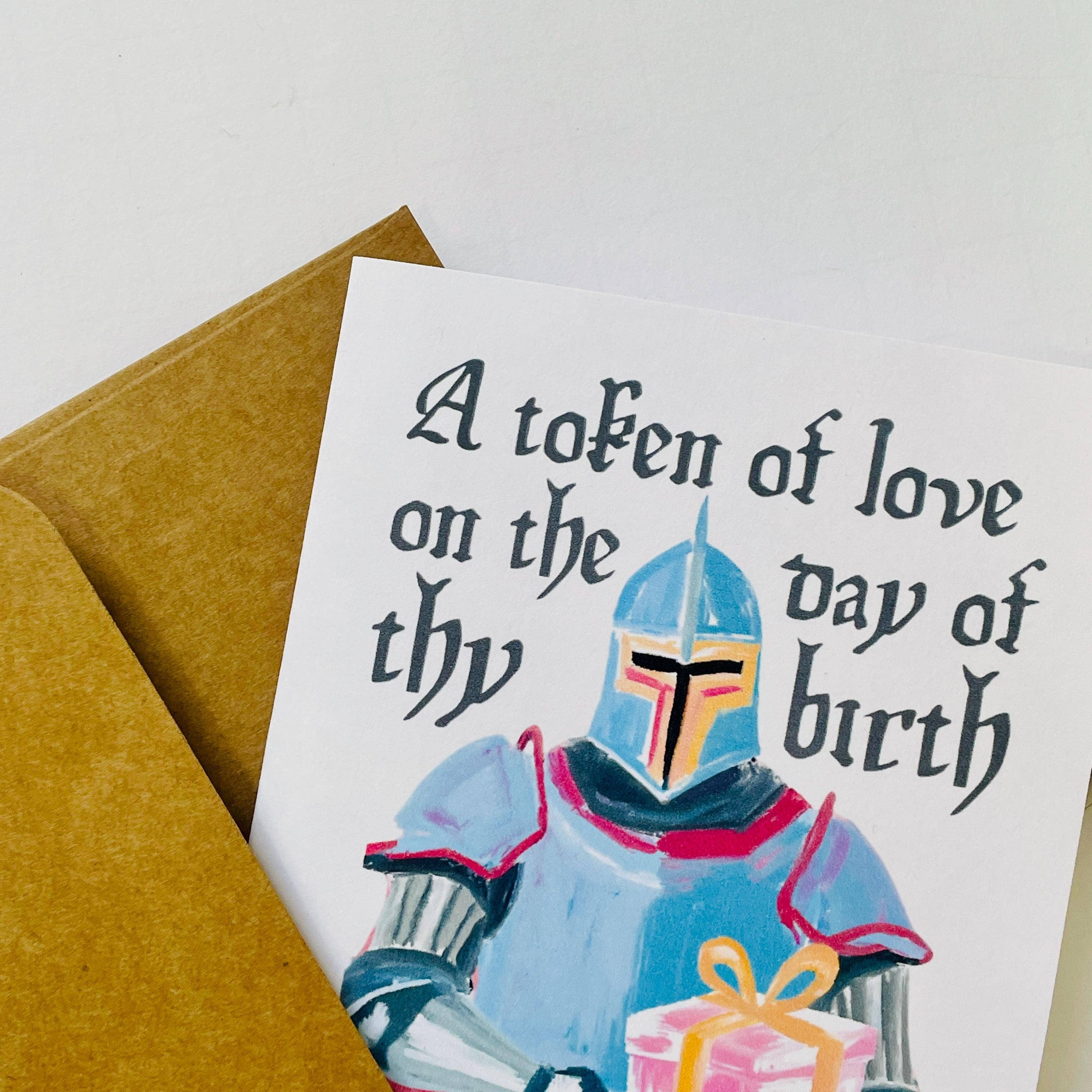 Medieval & Renaissance role-playing birthday card with A token of love on the day of thy birth and kraft envelope.