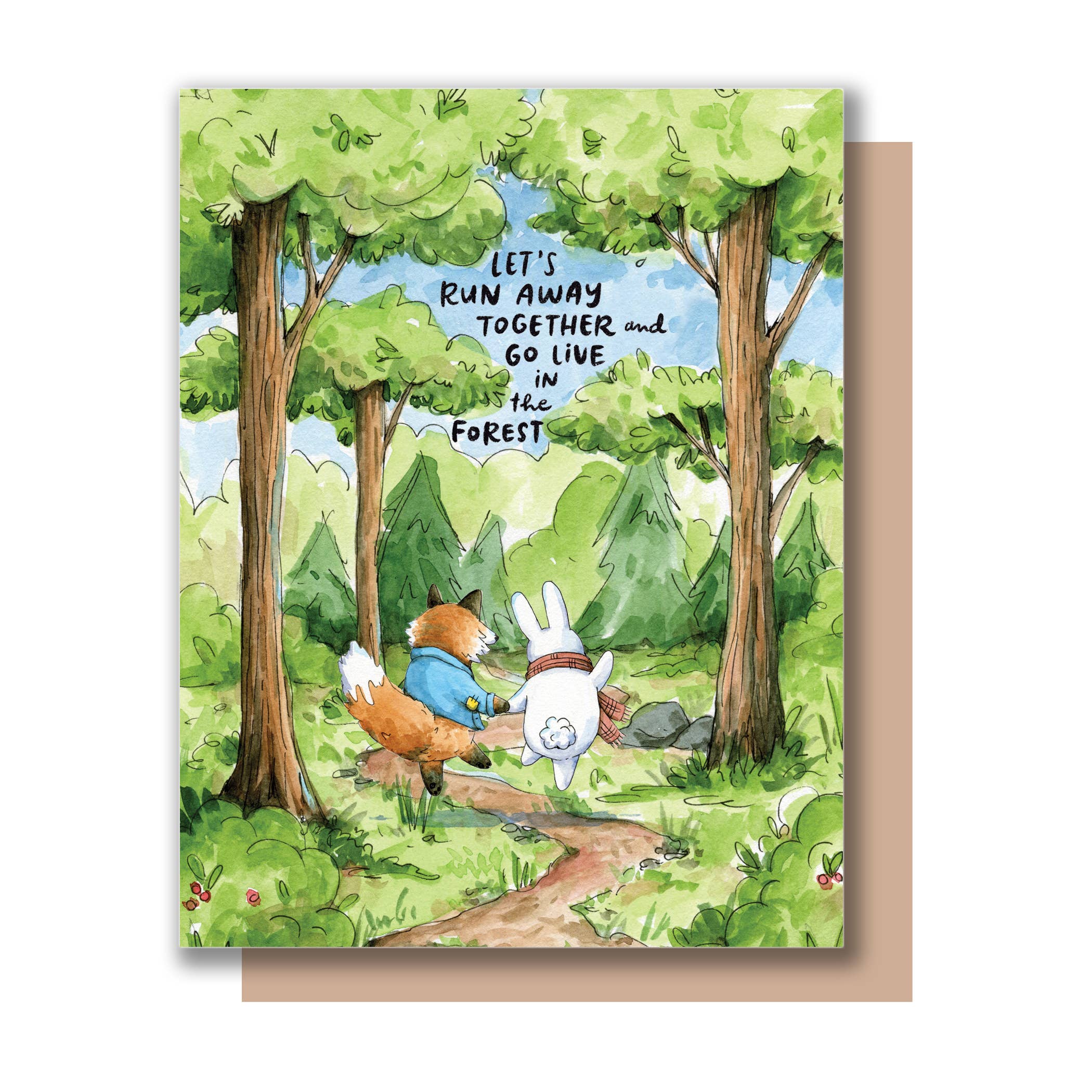 Lets Run Away Together And Go Live In The Forest Love Card featuring a fox and rabbit on a forest path.