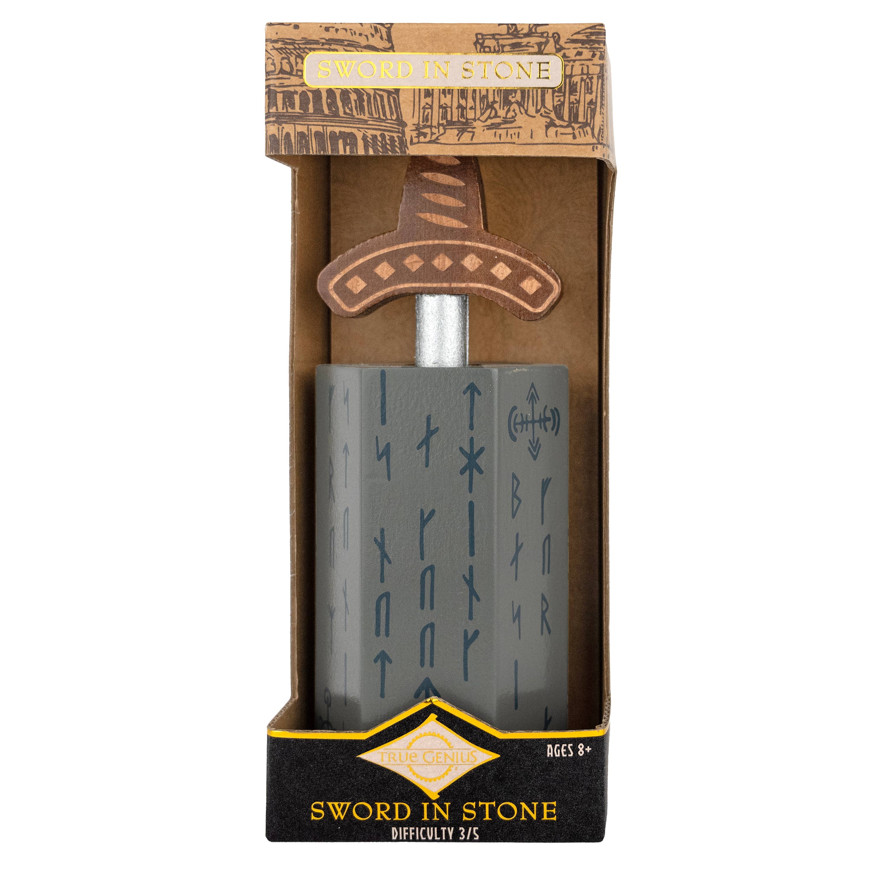 True Genius Sword in the Stone Puzzle, runic brainteaser for ages 8+, hands-on sword-in-stone design.