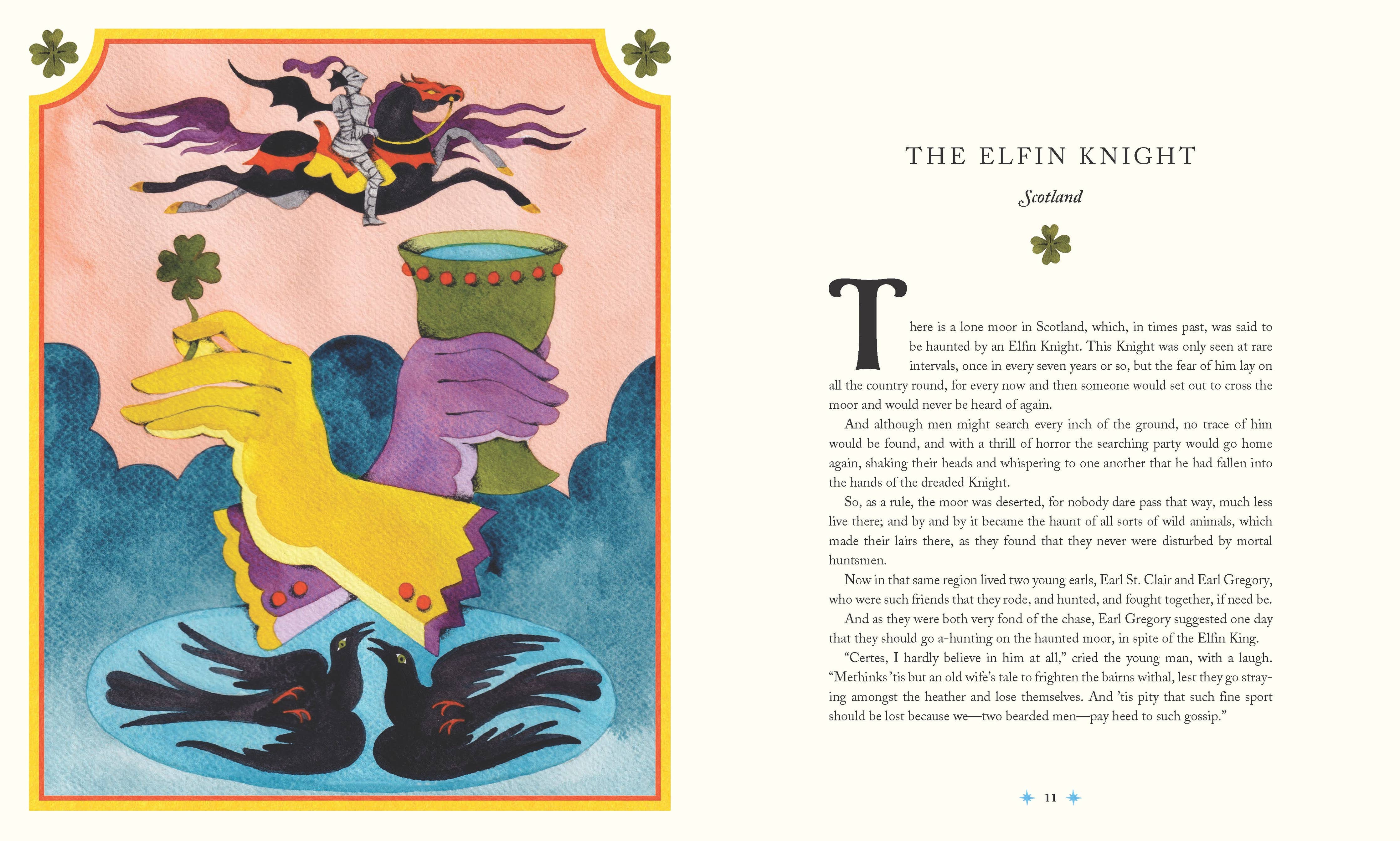 Illustration for Tales of the Fae showing a horse rider with yellow gloves, cup, and black birds.