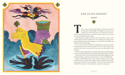 Illustration for Tales of the Fae showing a horse rider with yellow gloves, cup, and black birds.