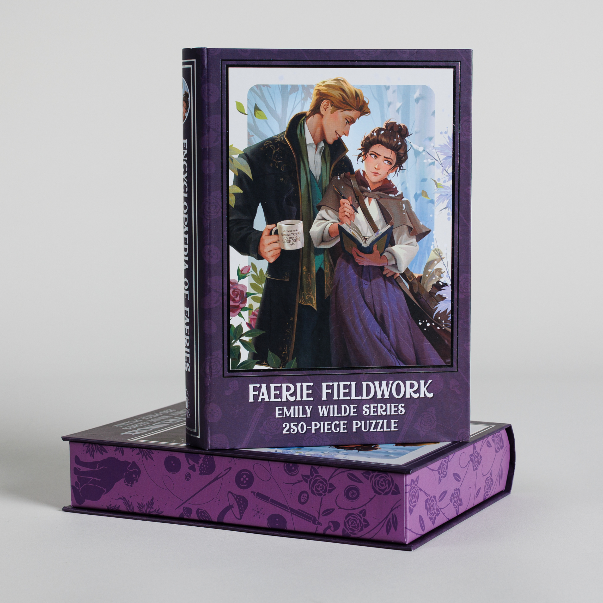 The Faerie Fieldwork Keepsake Puzzle | Emily Wilde, 250-piece, book-shaped puzzle with illustrated characters.