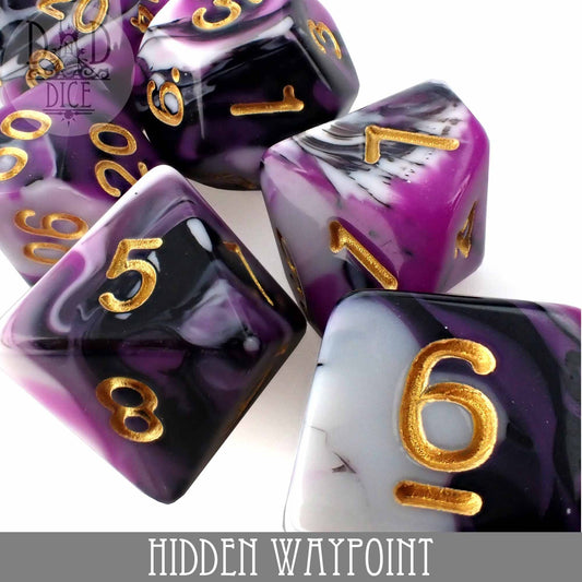 Hidden Waypoint 7-piece tabletop dice set, purple, black, and white acrylic with gold numbers.