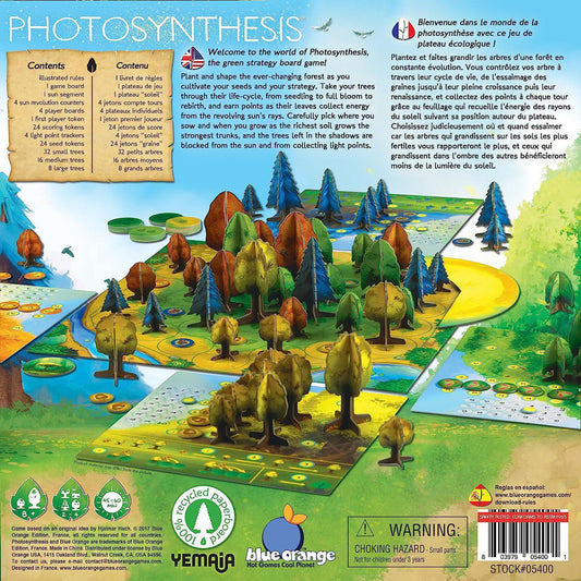 Photosynthesis board game box with included game pieces and instructions.